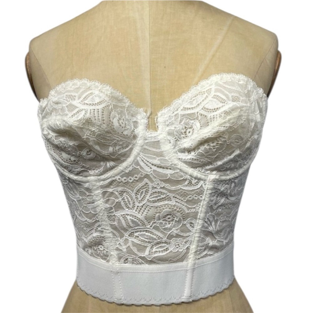 VTG Lace Bustier Bra Top 34B Young Smoothie White Wire Backless Pin-Up Romanric